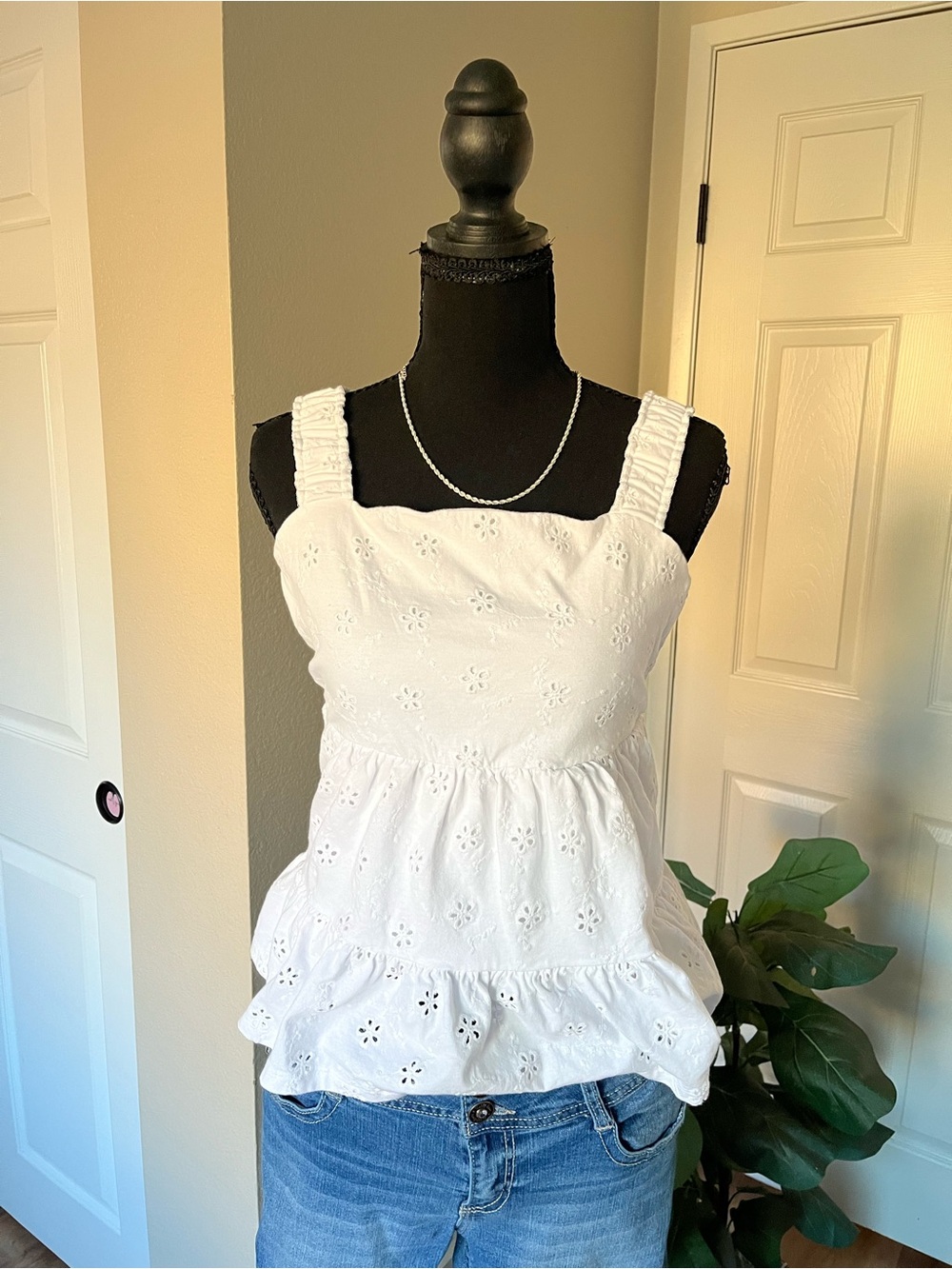 Women’s White Eyelet Ruffle Strap Tank Top